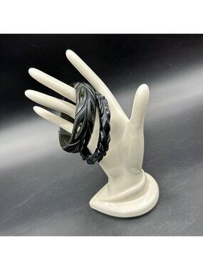 Vintage Bangle Bracelets Black Carved Bakelite Plastic Leaf Vine Botanical